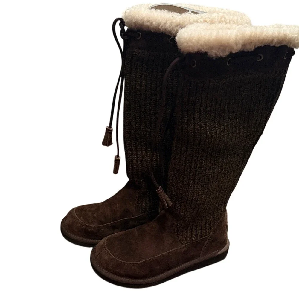 UGG Suburb Crochet Tall Women 7 Espresso  Suede‎ Knit Boots 5733